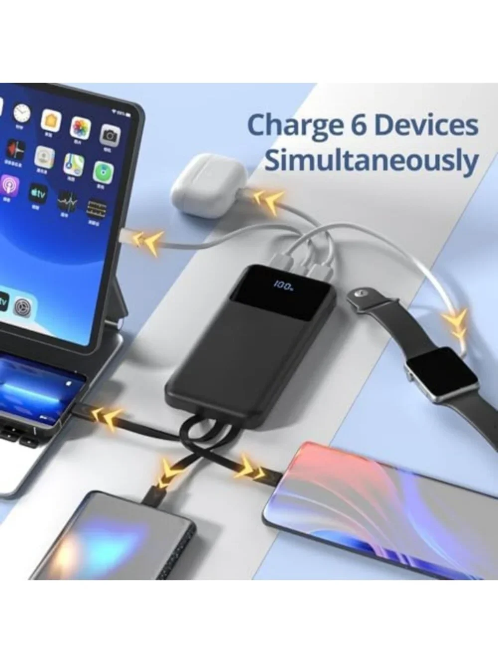 Slim 10000mAh Portable Charger with Built-in Cables, Fast Charging Power Bank, 6